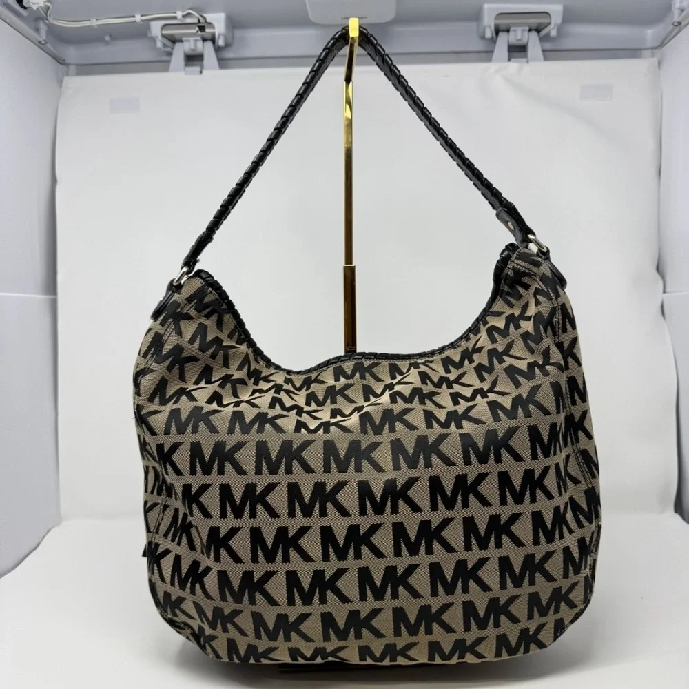 Michael Kors MK Logo Jacquard Hobo Shoulder Bag Black Tan Tassel Charm